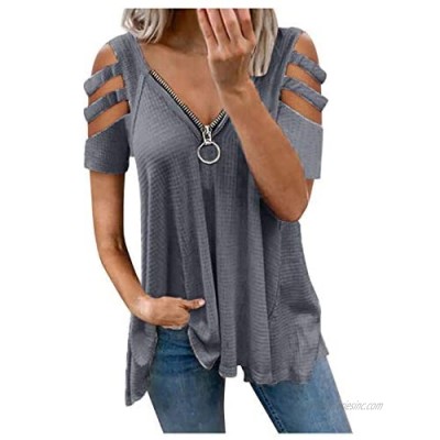 Merthy Womens Cut Out Cold Shoulder Short Sleeve Tops Sexy Deep V Neck Zipper Summer Casual Loose Pleat Shirts Blouse