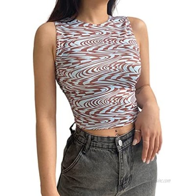 MISSACTIVER Women’s Y2K Colorblock Striped Printed Crop Tank Slim Round Neck Sleeveless Casual Crop Vest Top Streetwear