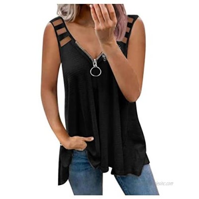 morecome Women's Zipper V Neck Tank Tops Fashion Waffle Sleeveless Loose Tee Shirt Blouses Summer Beach Vest