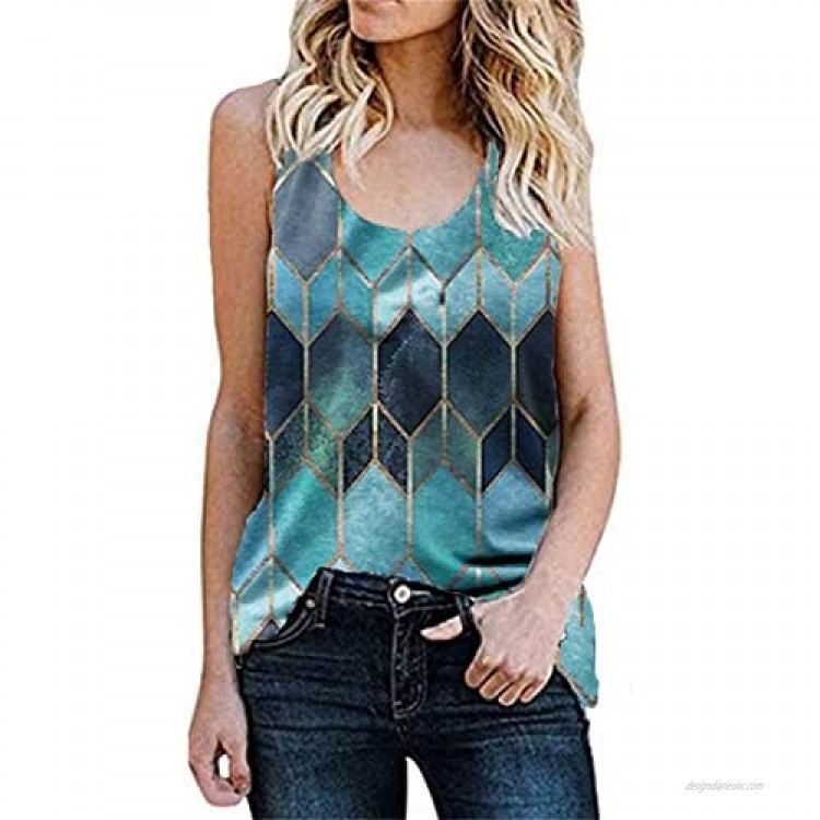 MSYUN Women's Summer T-Shirt Geometric Print Round Neck Vest Grid Pattern Blouse Sleeveless Shirt Vest