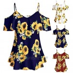 QIQIU Sunflower Printed Camis Women's Sexy Ruffles Cold Shouder Blouse Halter Sling Short Sleeve Plus Size T-Shirt