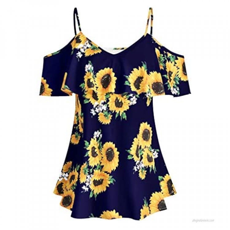 QIQIU Sunflower Printed Camis Women's Sexy Ruffles Cold Shouder Blouse Halter Sling Short Sleeve Plus Size T-Shirt
