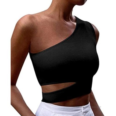 SAFRISIOR Women Sexy One Shoulder Slant Cut Out Crop Top Sleeveless Slim Fit Asymmetric Irregular Crop Tank Top Vest
