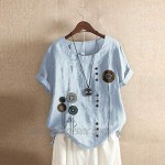 Women T-Shirt O-Neck Short Sleeve Floral Print Buttons Cotton Linen Vintage Tops