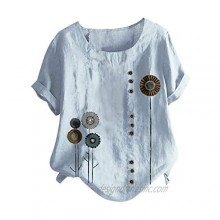Women T-Shirt O-Neck Short Sleeve Floral Print Buttons Cotton Linen Vintage Tops