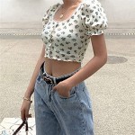 Women's Floral Print Crop Top Y2k Cropped Shirt Short Puff Sleeve Lettuce Trim Tee Sexy Camisole