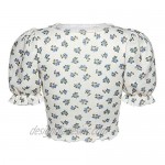 Women's Floral Print Crop Top Y2k Cropped Shirt Short Puff Sleeve Lettuce Trim Tee Sexy Camisole