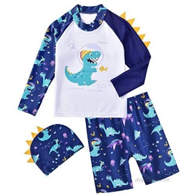 Toddler Boys Long Sleeve Swimwear Dinosaur Trunk Rashguard Swimsuit Set with Hat