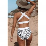 Beachsissi Women Leopard Bikini High Waist Criss Cross Back Deep V Neck 2 Piece Bating Suits