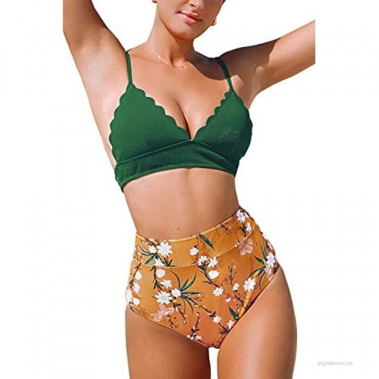 CUPSHE Women's High Waist Bikini Set Scalloped Adjustable Padded Two Piece Swimsuits