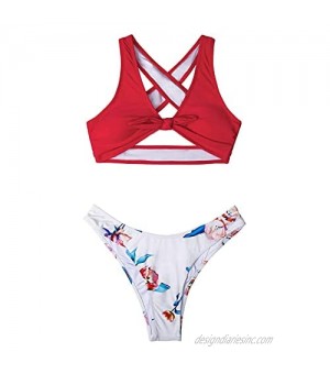 CUPSHE Women's Red Floral Print Knot Adjustable Bikini Sets Two Piece Bathing Suit