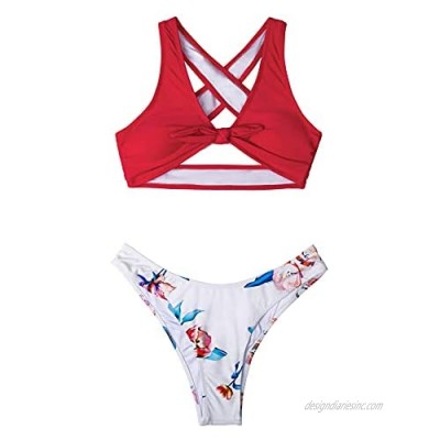 CUPSHE Women's Red Floral Print Knot Adjustable Bikini Sets Two Piece Bathing Suit