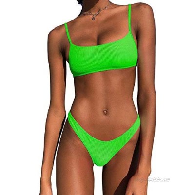IBIZA VIBE Bikini Set Ribbed Neon Scoop Crop Top High Cut 2 Piece Brazilian Sporty Swimsuits for Women