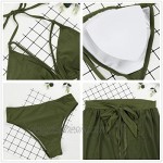 Kisscynest Women's Halter Neck Cut Out 3 Pieces Swimwear with Mesh Maxi Skirt