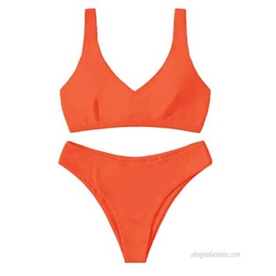 SheIn Women's Summer 2 Pieces Tropical Lace Up Bra Bottom Bikini Swimwear Set