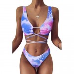 VNVNE Womens Tie Dye Two Piece Swimsuits Sexy Lace Up High Waisted Thong Bikini Set Bathing Suit