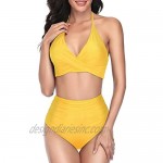 Yonique Women High Waisted Two Piece Bikini Swimsuit Halter Twist Front Bathing Suit Ruched Swimwear