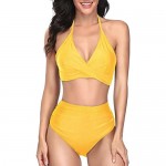 Yonique Women High Waisted Two Piece Bikini Swimsuit Halter Twist Front Bathing Suit Ruched Swimwear