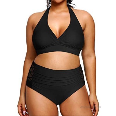 Yonique Womens Plus Size Halter Bikini Swimsuits High Waisted Swimwear Tummy Control Two Piece Bathing Suits