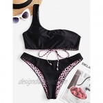 ZAFUL Bikini Snakeskin One Shoulder Reversible Bathing Suit Padded Lace Up 2 Piece Swimsuits for Women