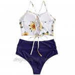 ZAFUL Sunflower Bikini Set Padded Lace Up Ruched Tankini High Waisted Bathing Suit