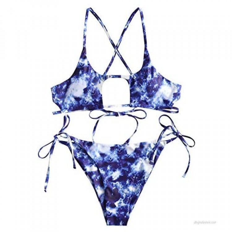 ZAFUL Women Swimsuit Ribbed Cutout Bathing Suit Shell Halter High Cut Bikini Set
