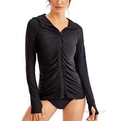 CRZ YOGA Women's UPF 50+ Long Sleeve Rash Guard Zipper Front Hoodie Ruched Swimsuit Cover Ups Quick Dry