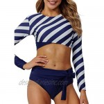 Peddney Women’s Rash Guard Long Sleeve Striped Crop Top UPF 50+ Sun Protection Strappy Knotted Bikini Bathing Suit