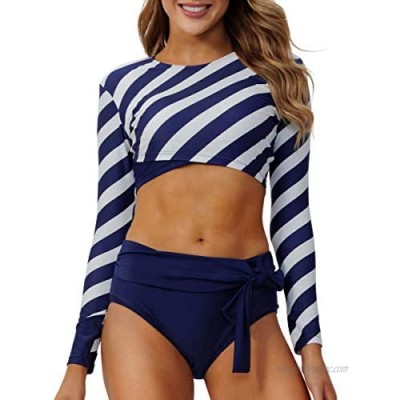 Peddney Women’s Rash Guard Long Sleeve Striped Crop Top UPF 50+ Sun Protection Strappy Knotted Bikini Bathing Suit