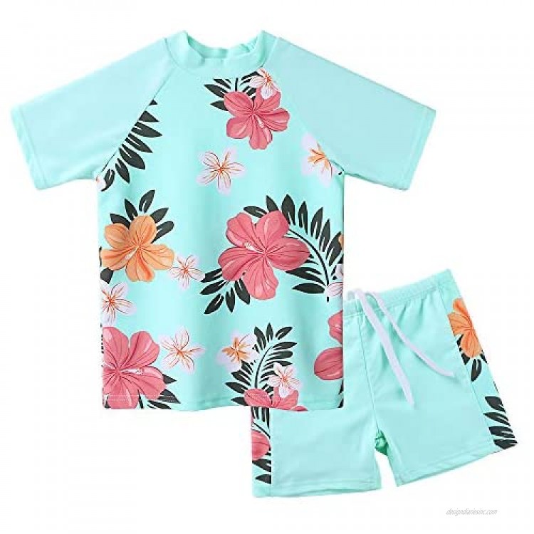 Girls Two Piece Swimsuit Floral UPF 50+ Rash Guard Set Kids Swimwear
