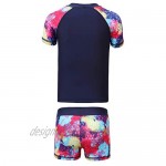 PHIBEE Girls' Short Sleeve Rash Guard Set UPF 50+ Sun Protection Two-Piece Swimwear