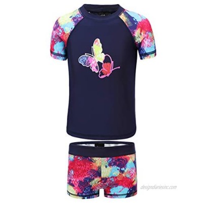 PHIBEE Girls' Short Sleeve Rash Guard Set UPF 50+ Sun Protection Two-Piece Swimwear