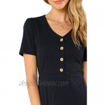Milumia Women's Button Up Ribbed Knit Dress V Neck Short Sleeve Casual Summer Dress