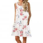 PrinStory Women Summer Floral Print Casual T Shirt Dresses Beach Cover Up Plain Pleated Tank Dress