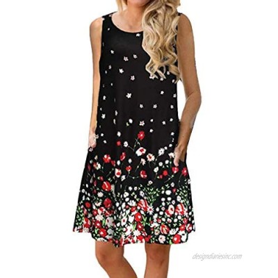 Sherosa Womens Summer Floral Print Sleeveless Sundress/Short Sleeve Pockets Casual Loose Swing T-Shirt Dress