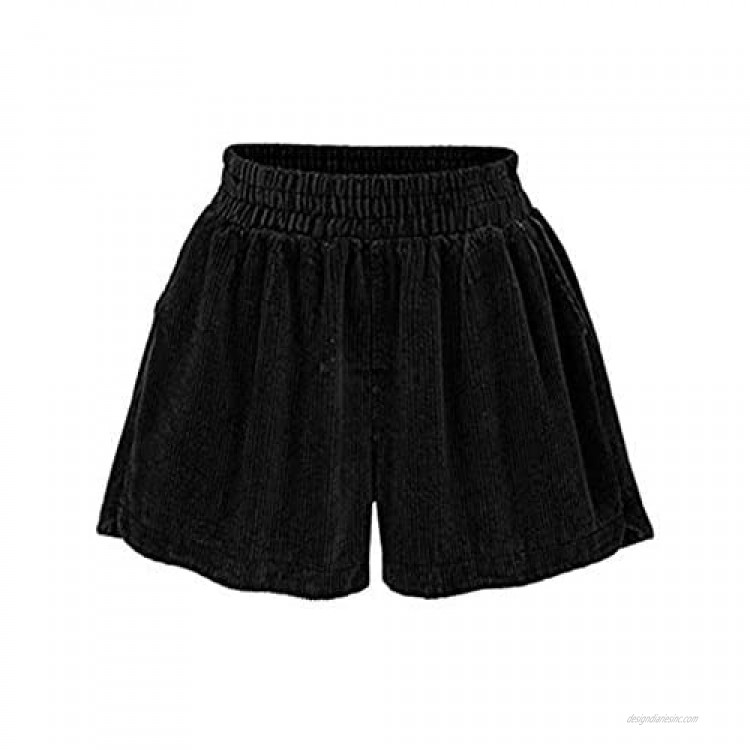 Tanming Women's Casual Solid High Elastic Waist Pockets Wide Leg Corduroy Shorts