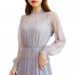 YOUMU Women Summer Chiffon Dress Stars Moon Print Embroidered Skirt Long Puff Sleeve Princess Dress
