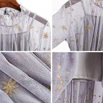 YOUMU Women Summer Chiffon Dress Stars Moon Print Embroidered Skirt Long Puff Sleeve Princess Dress