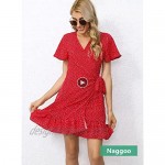Naggoo Women's Summer Wrap V Neck Polka Dot Print Ruffle Short Sleeve Mini Floral Dress with Belt