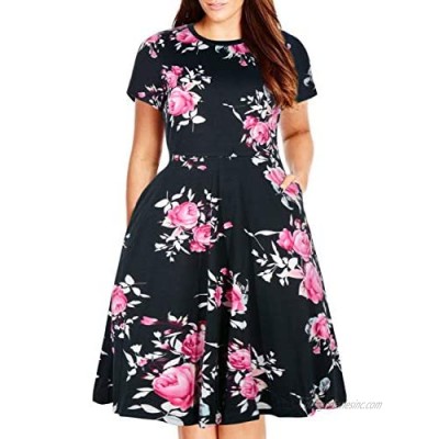 Nemidor Women's Round Neck Summer Casual Plus Size Fit and Flare Midi Dress with Pocket