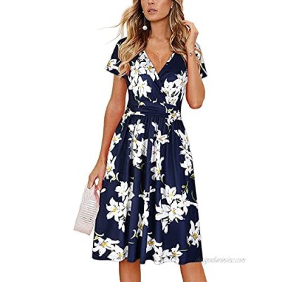OUGES Women's Summer Short Sleeve V-Neck Floral Short Party Dress with Pockets