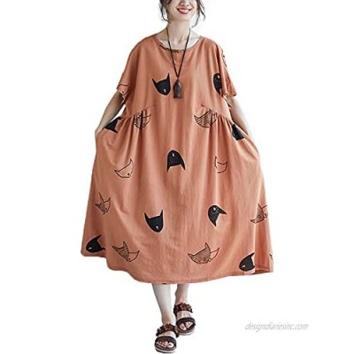 Romacci Women Vintage Loose Dress Contrast Color Print Half Sleeves Robes Oversized Cotton Linen Casual Dress