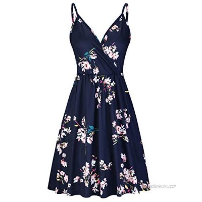 STYLEWORD Women's V Neck Floral Spaghetti Strap Summer Casual Swing Dress with Pocket