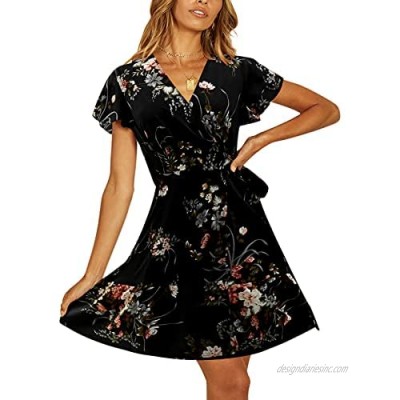 TEMOFON Women's Dresses Summer Wrap Bohemian Floral Printed Ruffle Hem Short Sleeve V-Neck Beach Mini Dress S-XL