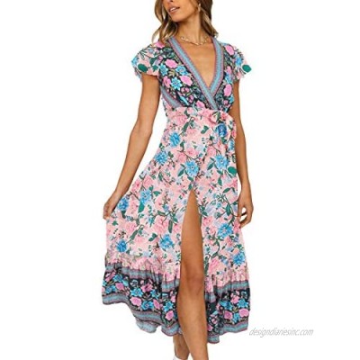 TEMOFON Women's Wrap Dresses Bohemian Floral Printed Summer Casual Short Sleeve V-Neck High Split Maxi Dress S-XL