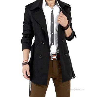 GESELLIE Men's Slim Double Breasted Trench Coat Belted Long Jacket Overcoat Outwear