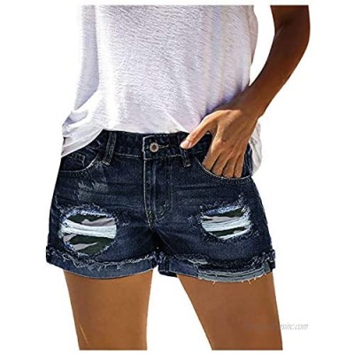 Denim Shorts for Women Women's Summer Ripped Denim Destroyed Mid Rise Stretchy Bermuda Shorts Jeans