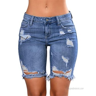 FEESON Women's Summer Turn Up Cuffs Above-Knee Length Destroyed Ribbed Jeans Shorts