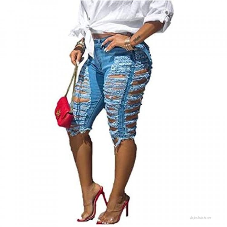 XIAMUSUMMER Women Ripped Destroyed Summer Stretch Bodycon High Waisted Bermuda Denim Shorts Jeans