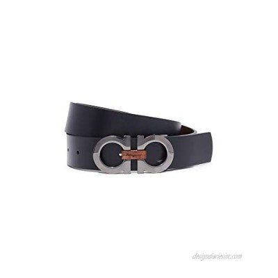 Salvatore Ferragamo Men's Double Gancio Reversible Belt with Wood Detail  Silver/Black/Brown  44
